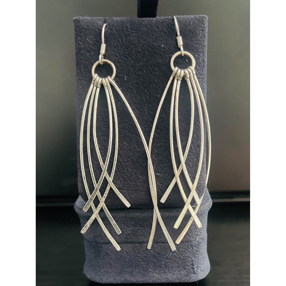 Silver Tone Long Dangle Earrings Modernist Linear Fringe Statement Pierced